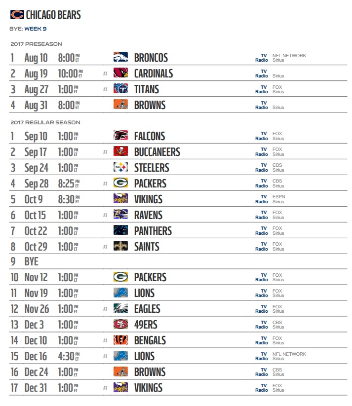 Chicago Bears 2017 Team Schedule Live Stream Apps Chicago Bears 2017 Team Schedule Live Stream Apps
