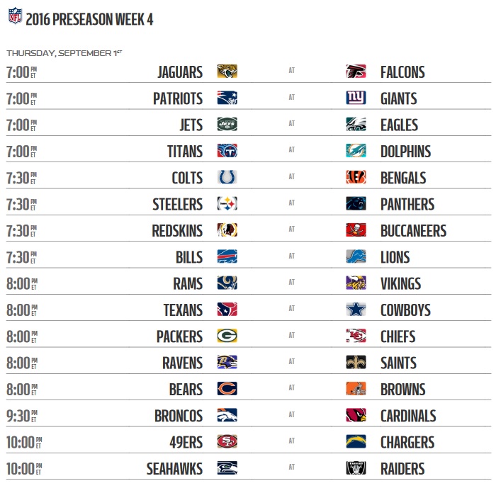 NFL Preseason 2016 Schedule