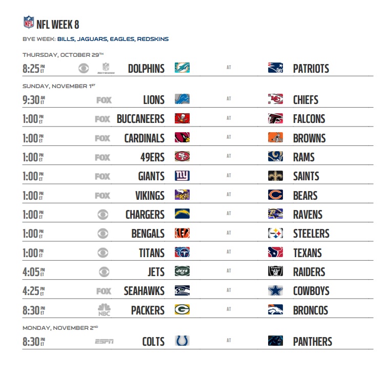 NFL 2015 Schedule Week 8 Regular Season