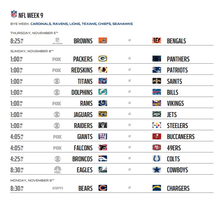 Week 9 Printable Nfl Schedule