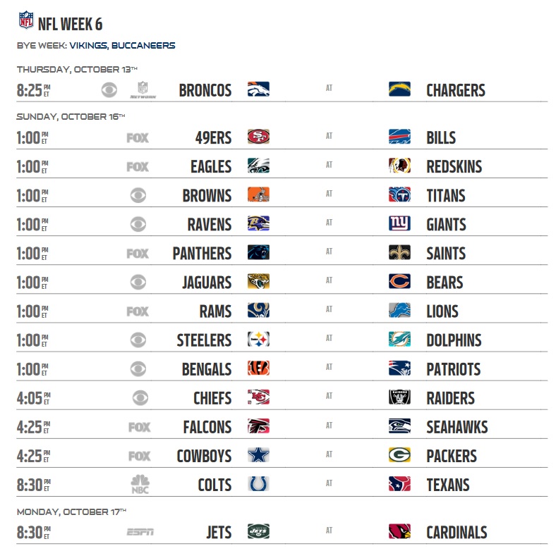 NFL 2016 Schedule Week 6 Regular Season