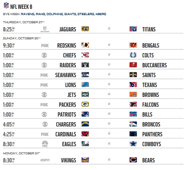 Nfl Week 8 Printable Schedule Customize and Print