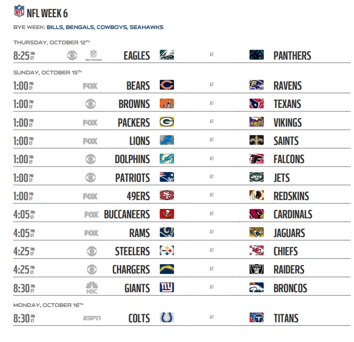 NFL 2017 Schedule Week 6 Regular Season