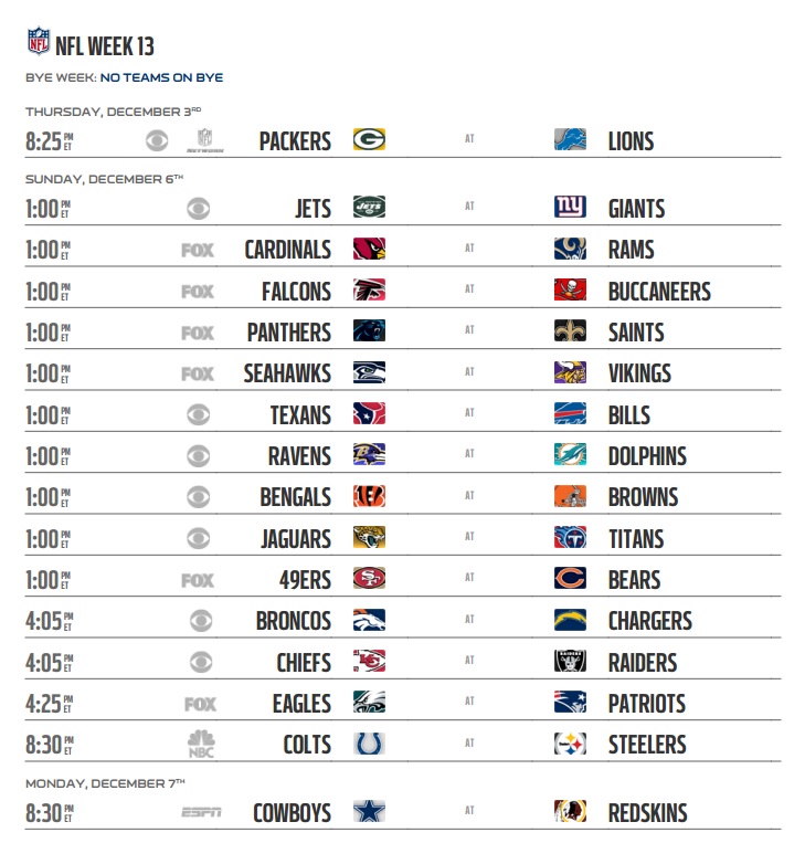 NFL 2015 Schedule Week 13 Regular Season