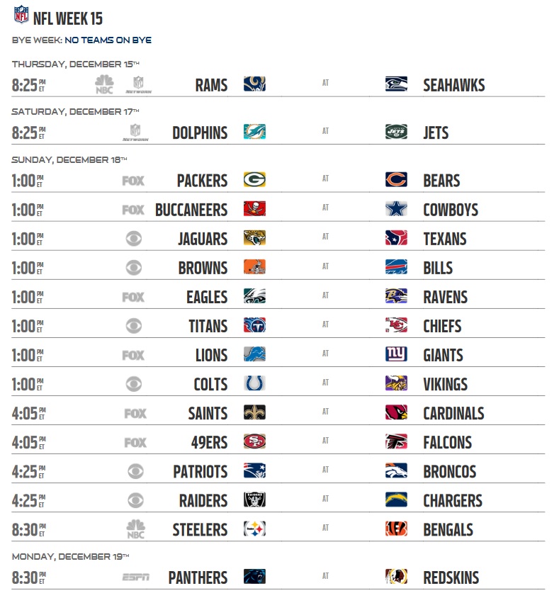 Week 15 Printable NFL Schedule - Printable World Holiday