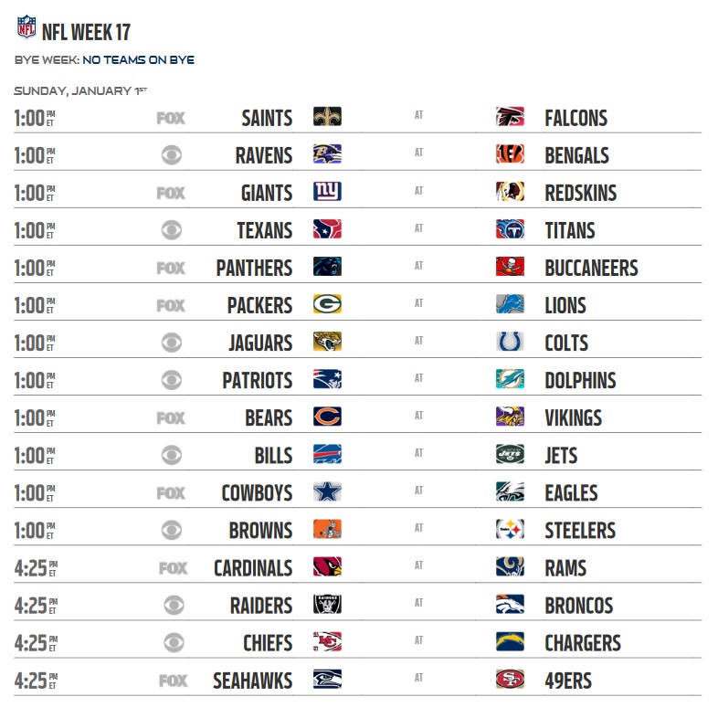NFL 2016 Schedule Week 17 Regular Season