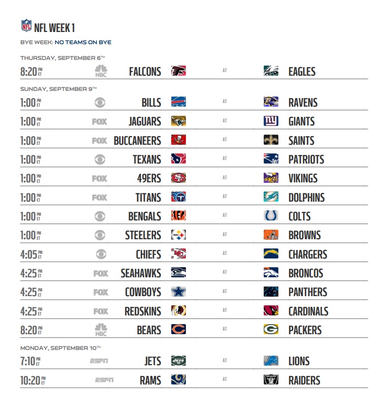 week 1 schedule for the nfl